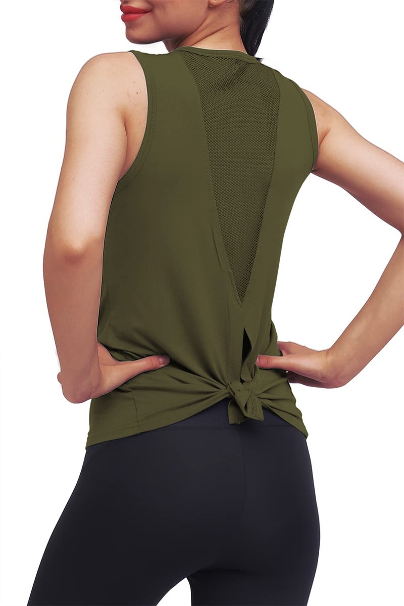 Mippo Workout Tops for Women Yoga Clothes Running Shirts Tie Back Tanks Tennis Shirts Athletic Exercise Tops Army Green S - Image 1